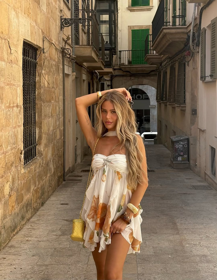 Isabel | Halter Neck Ruffled Printed Mini Dress