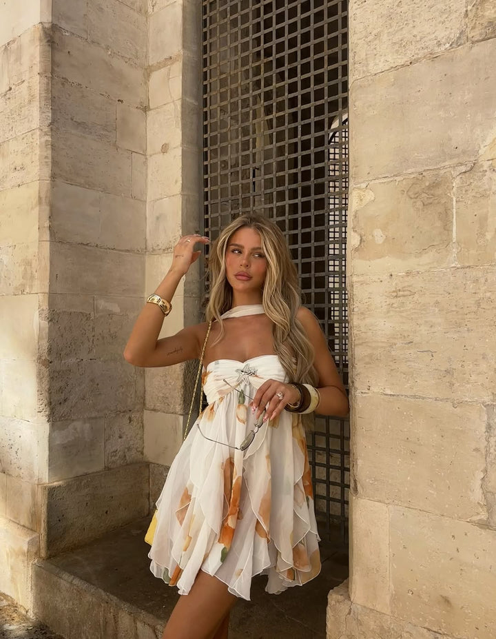 Isabel | Halter Neck Ruffled Printed Mini Dress